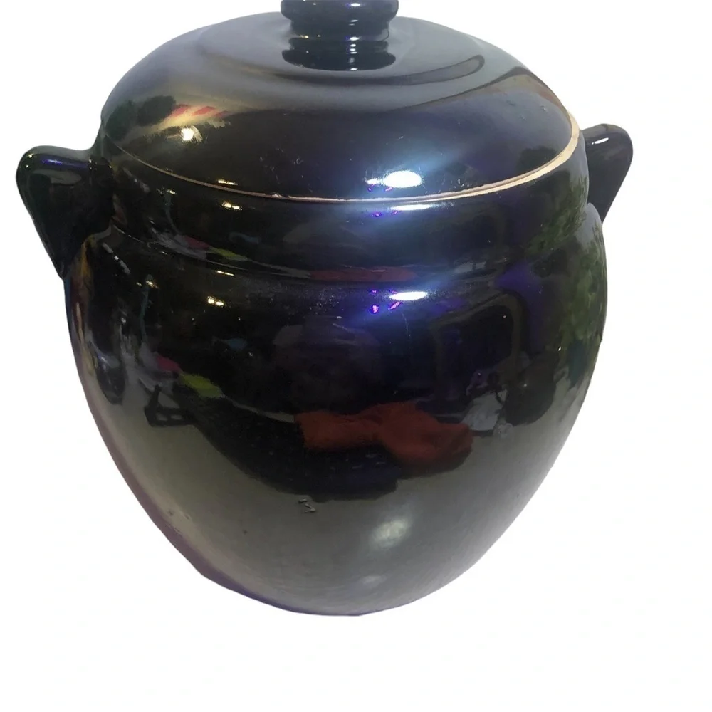 Vintage Crock Cookie Jar, Bean Pot & Lid, Cold Paint Floral